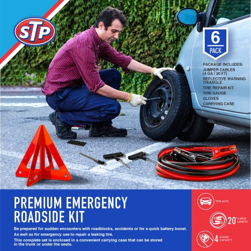 Emergency Roadside 5-Piece Kit w/ Jumper Cables, Warning Triangle, Tire Gauge