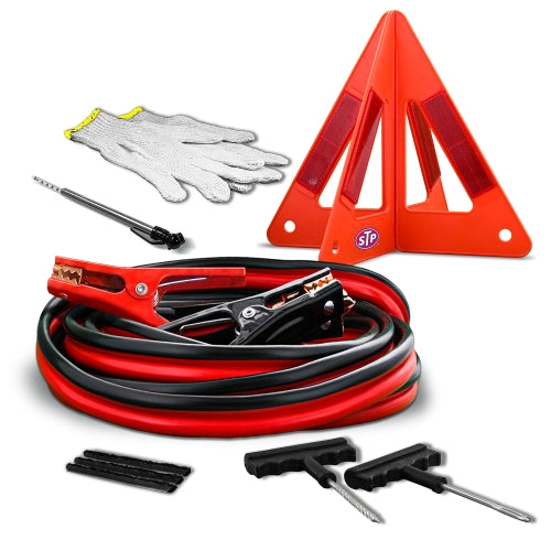 Emergency Roadside 5-Piece Kit w/ Jumper Cables, Warning Triangle, Tire Gauge