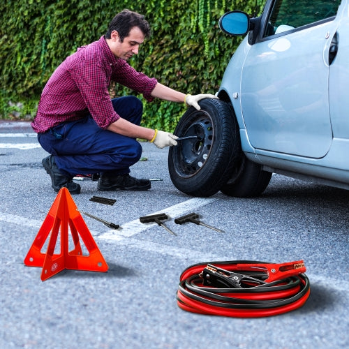 Emergency Roadside 5-Piece Kit w/ Jumper Cables, Warning Triangle, Tire Gauge
