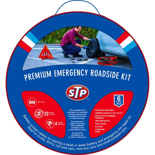 Emergency Roadside 5-Piece Kit w/ Jumper Cables, Warning Triangle, Tire Gauge