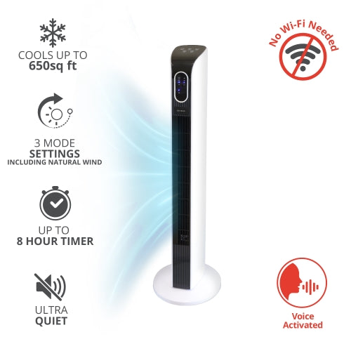 Voice Activated Intelligent 34" Tower Fan, 15+ Voice Commands, Three Speeds