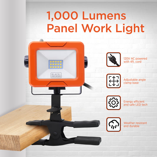 1,000 Lumens AC Plug-in LED Panel Work Light with Clamp Base