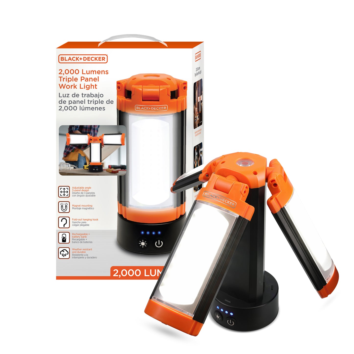 Rechargeable LED Work Light with 3 Adjustable Panel Lights & Magnetic Mount, 2,000 Lumens