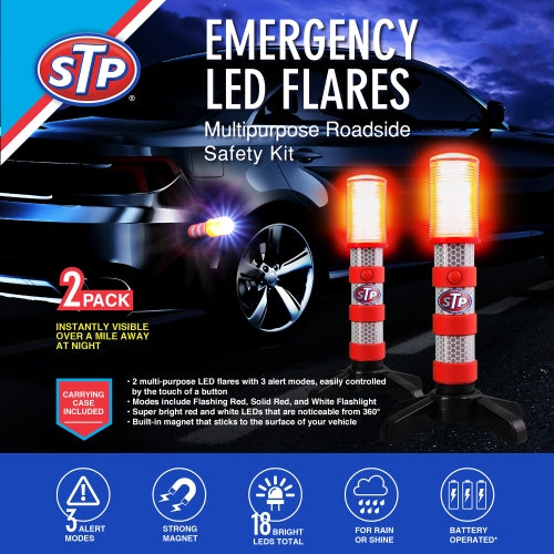 Emergency LED Road Flares, 3 Separate Lighting Modes, Battery-Powered