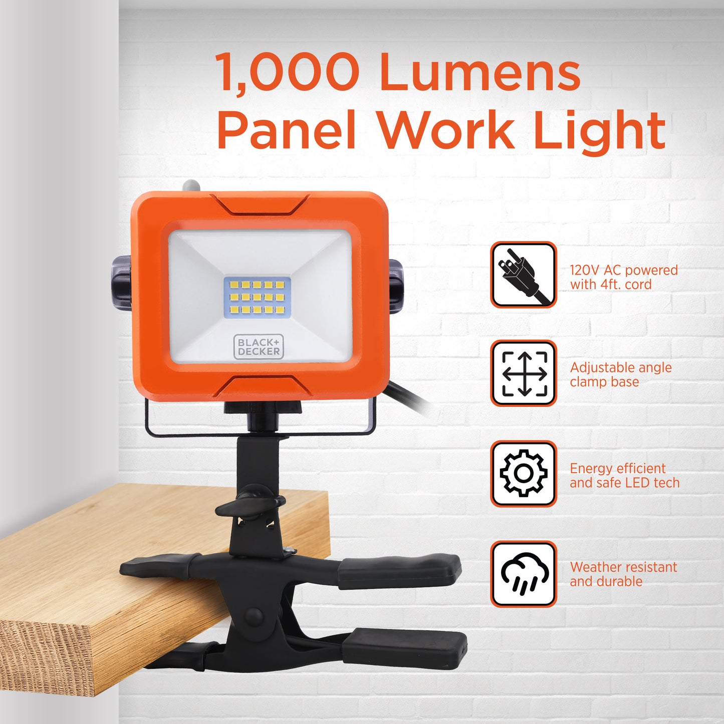 1,000 Lumens AC Plug-in LED Panel Work Light with Clamp Base