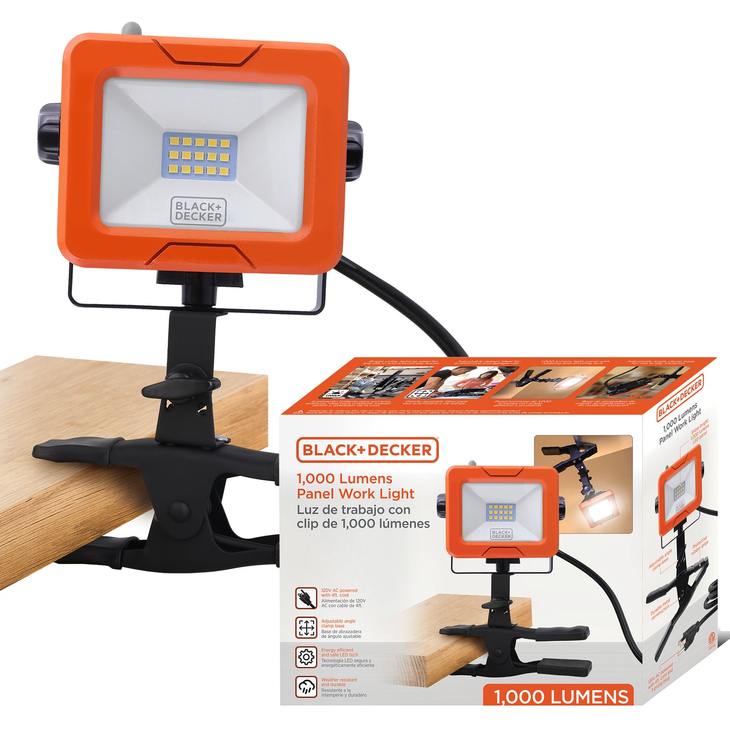 1,000 Lumens AC Plug-in LED Panel Work Light with Clamp Base