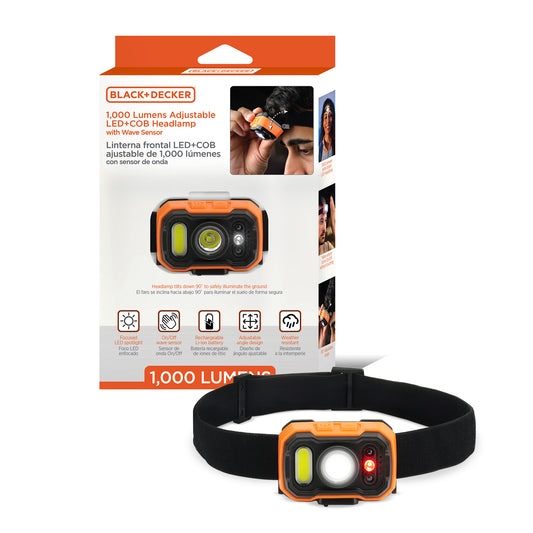 Rechargeable Headlamp with Wave Sensor, Ultra Bright 1,000 Lumens LED Head Light, Adjustable 90° Tilt, 7 Lighting Modes, IP65 Waterproof, Fits Over Helmet, 14 Hour Head Lamp for Camping