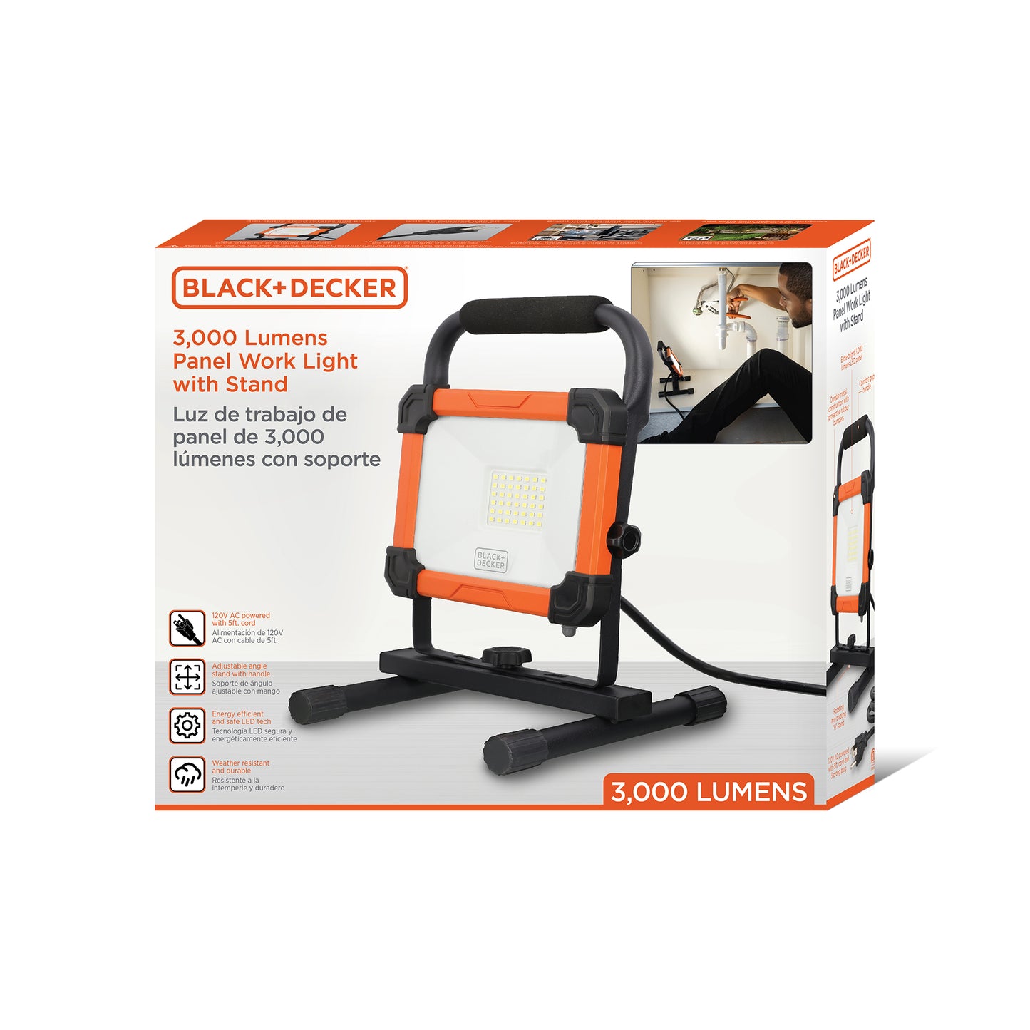3,000 Lumens AC Plug-in LED Panel Work Light with H-Stand Base