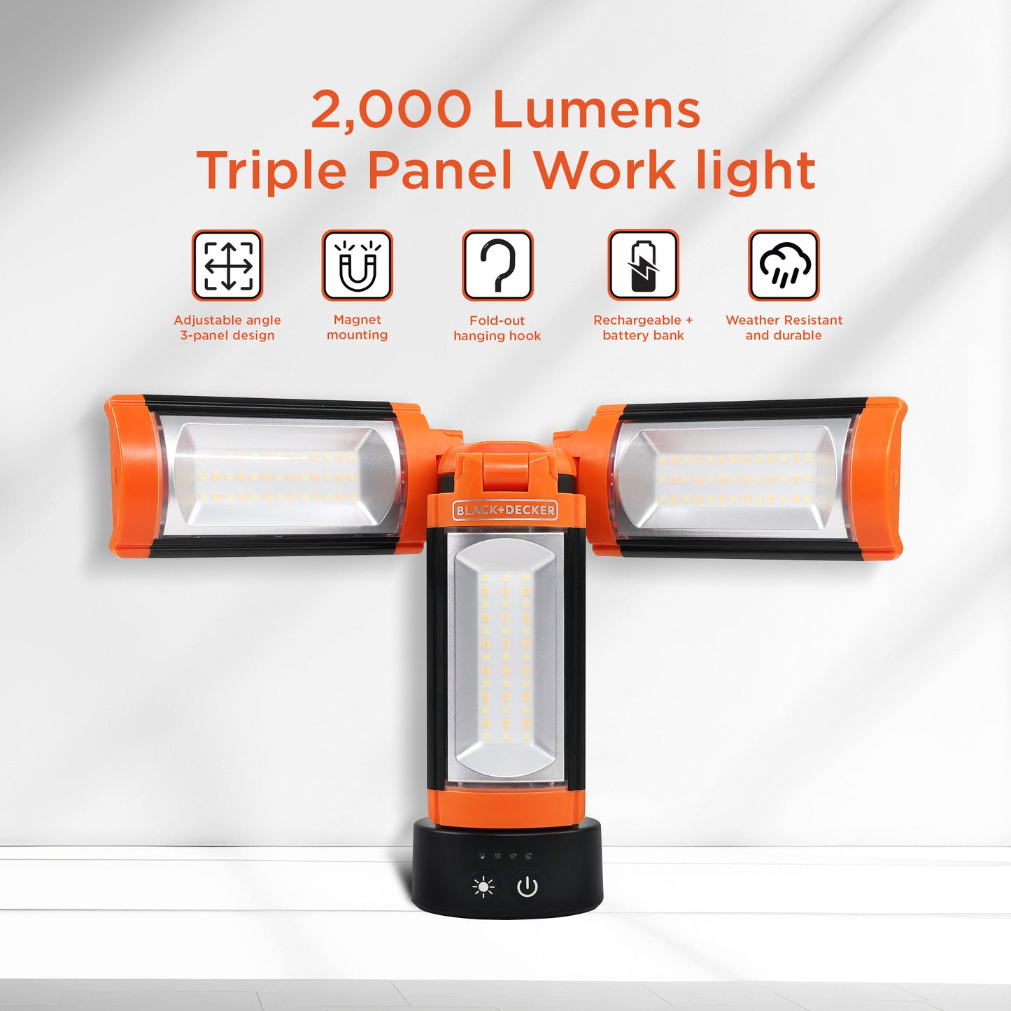 Rechargeable LED Work Light with 3 Adjustable Panel Lights & Magnetic Mount, 2,000 Lumens