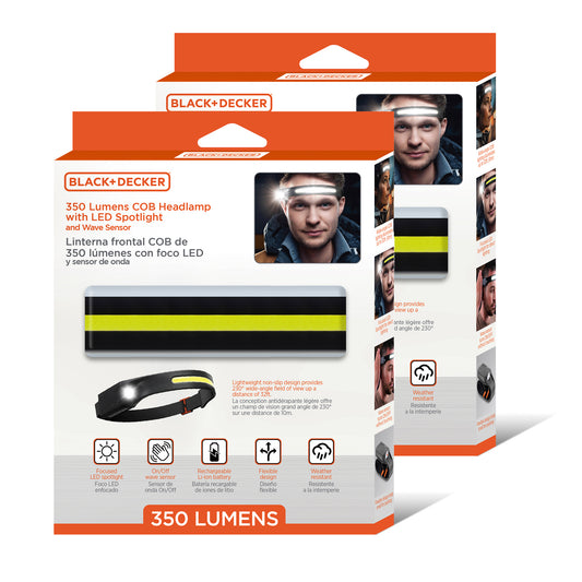 2-Pack Rechargeable Headlamp with Flashlight & Wave Sensor, 350 Lumens LED 230° Wide Beam Head Light, IP65 Waterproof, 4 Brightness Settings & SOS Mode, Fits Over Helmets, Head Lamp for Camping